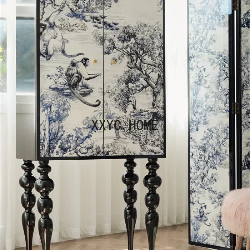 Art Lacquer Wood Clothes Closet Entrance Cabinet Ink Blue and White New Chinese Style