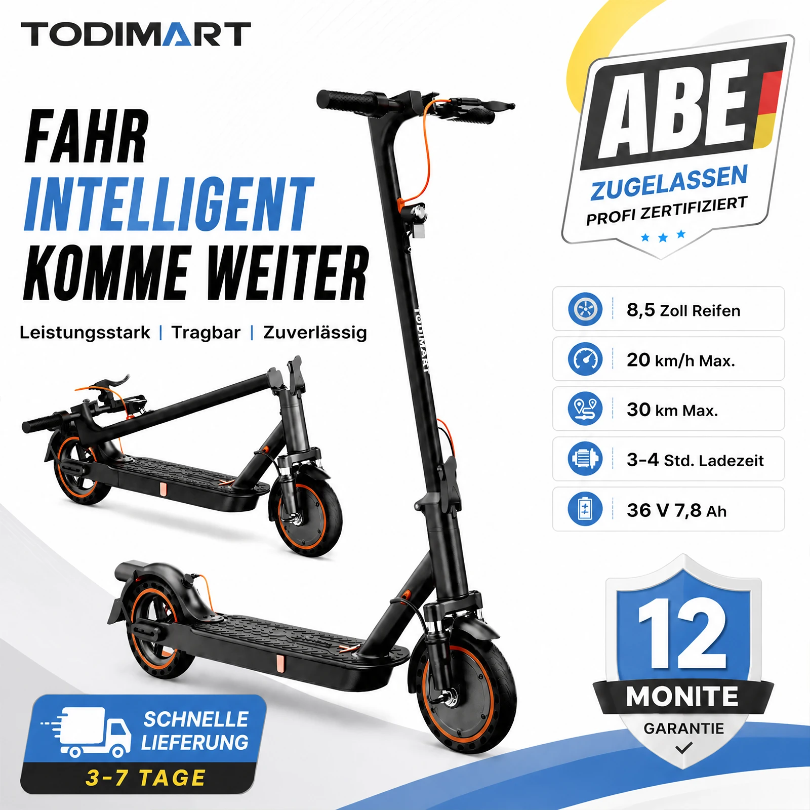 TODIMART N3A N3B, monopattino elettrico omologato ABE per adulti, con batteria da 36 V e 10,4 Ah, pneumatici tubeless da 8,5 pollici, monopattino elettrico pieghevole con sospensioni, autonomia di