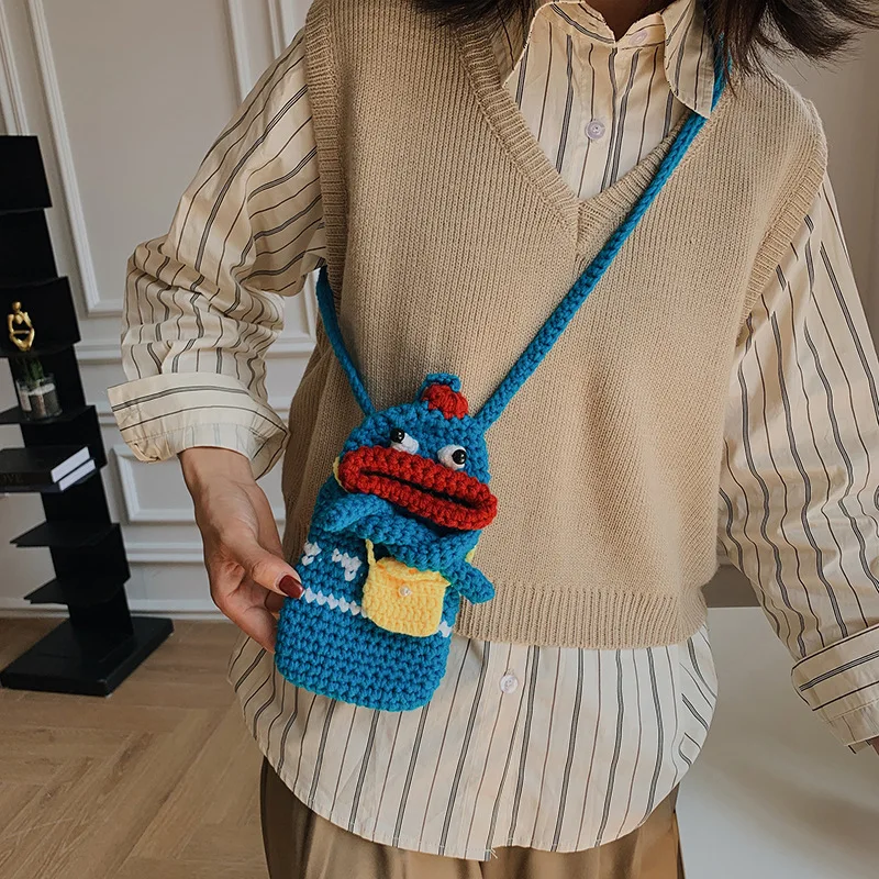 Kawaii Crossbody Bag Handmade Knit Handbag Women Girls Phone Bags Cartoon Sausage Mouth Small Messenger Bag Coin Purse 2023