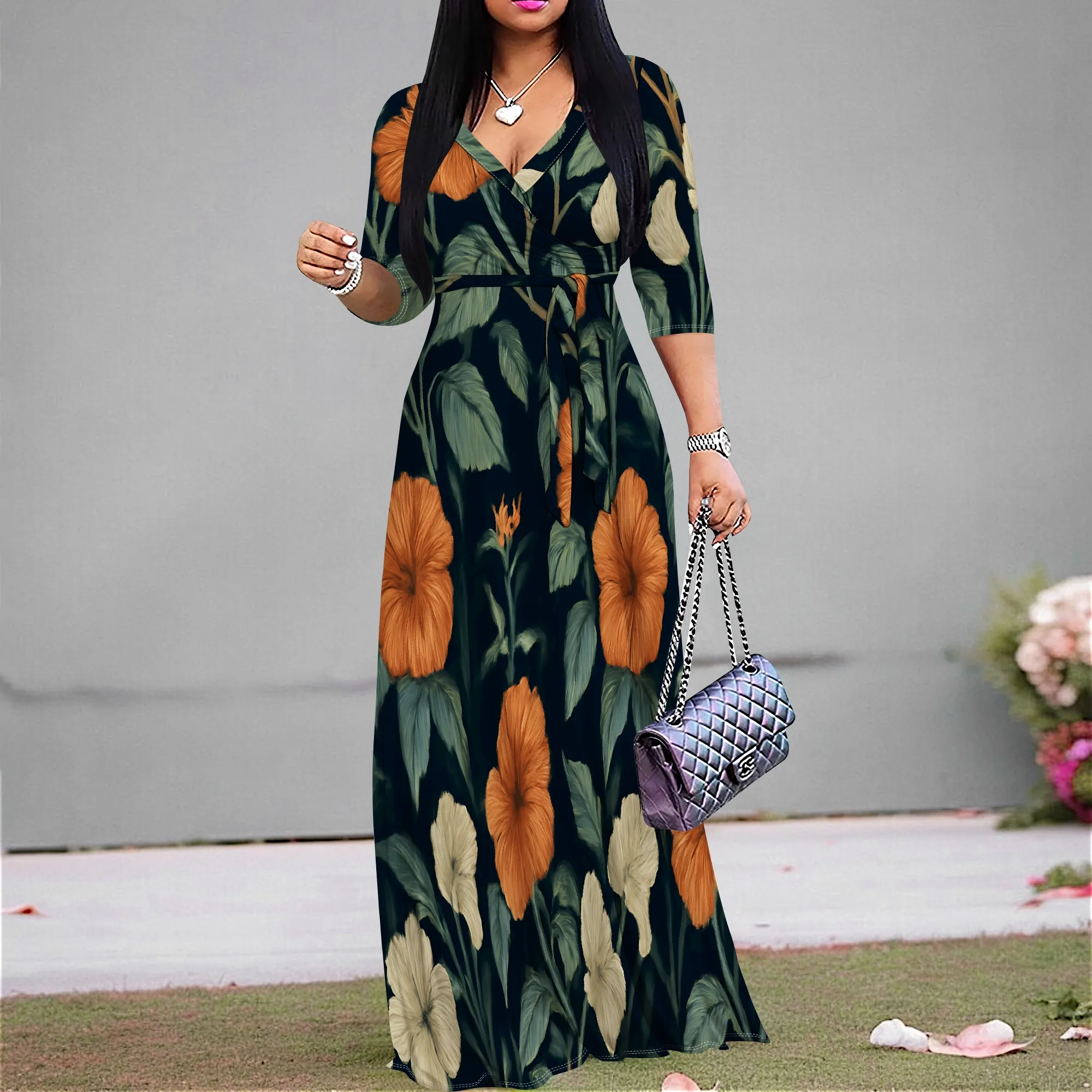 

Vintage Floral Print Plus Size Maxi Dress S-3XL V-Neck Wrap Belted for Garden Party, Wedding Guest or Thanksgiving Dinner