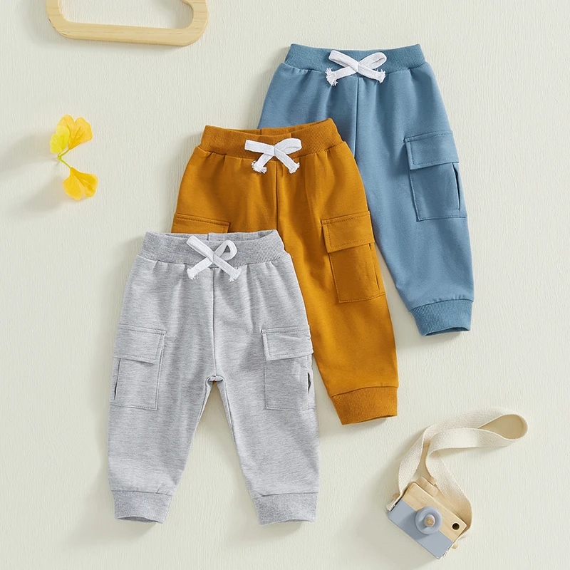 

Baby Boy Fall Winter Cargo Pants Causal Sweatpants Pack of 3 Solid Color Elastic Waist Bottom Pants Trousers with Pockets