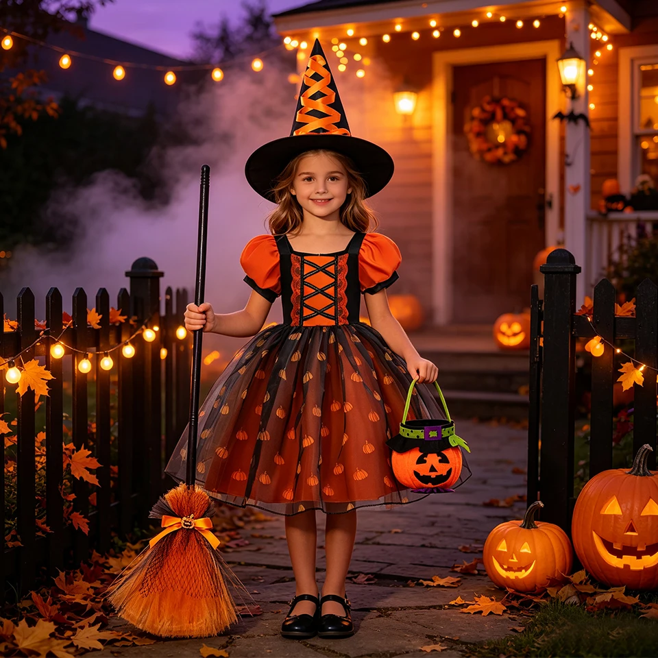 Girls Halloween Cosplay Party Pumpkin Witch Costume Fancy Kids Orange Tulle Witch Dress with Pointed Hat Broom Pumpkin Candy Bag