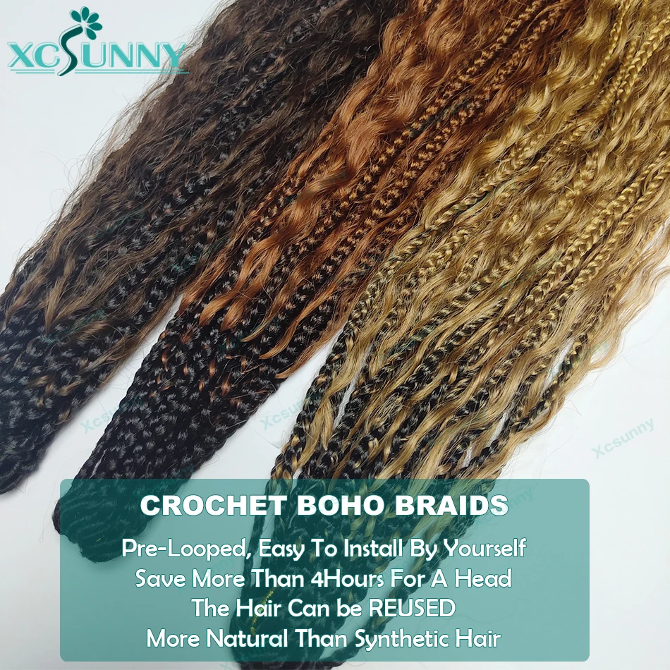 Ombre Crochet Boho Box Braids avec des boucles de cheveux humains, pré-bouclées, vague profonde, extrémité bouclée, 1b 30