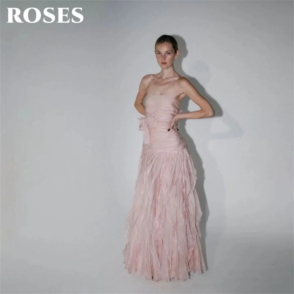 

ROSES Blush Pink Prom Dress Strapless Sleeveless Celebrity Dresses with Bow Women's Evening Dress for Gala Wave Hem Customized
