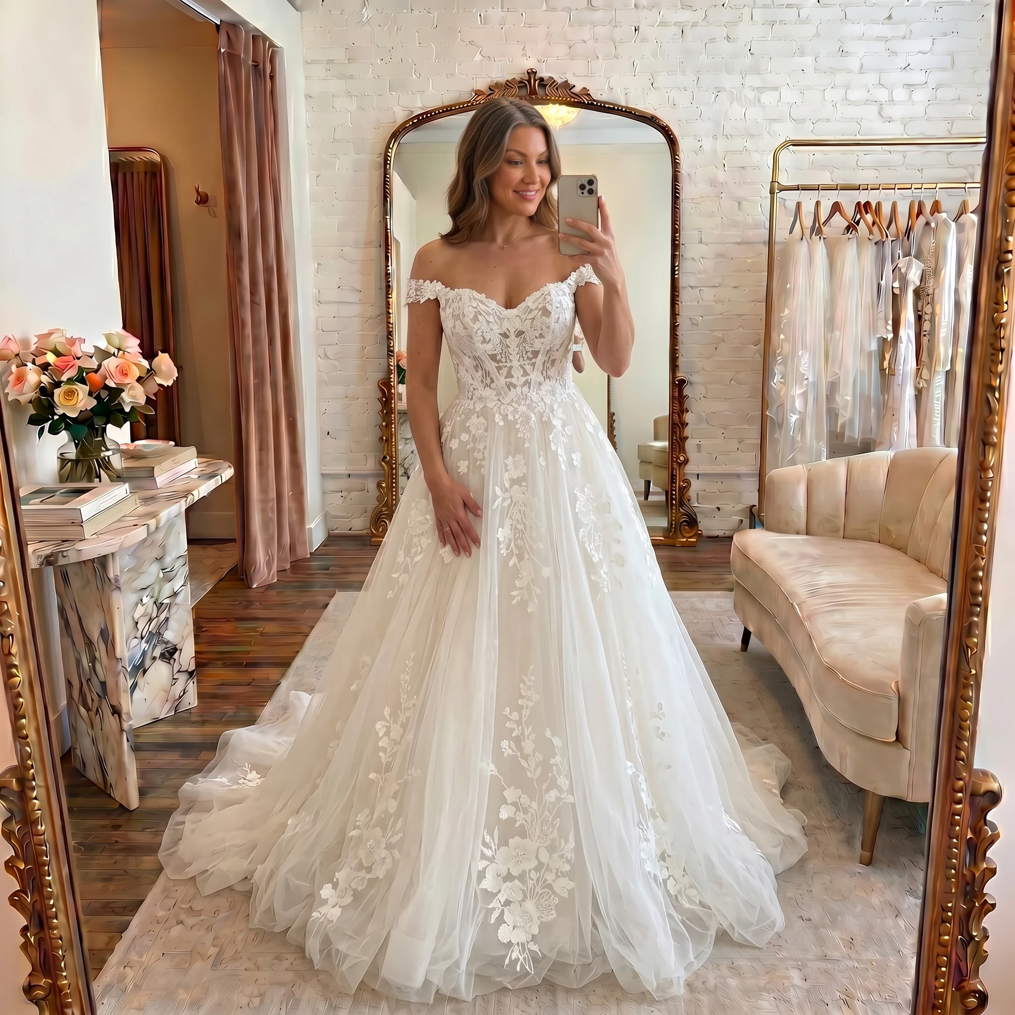 Off Shoulder Lace A-Line Wedding Dress Corset Bodice Floral Applique Tulle Skirt Bridal Gown Custom Ivory Vestido De Novia