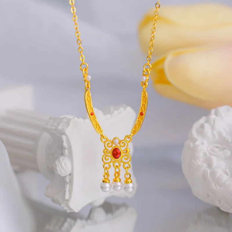 9999 Real Gold 24K Ancient Design Silk Jingyao Pearl Necklace High Color Retro Court Style Necklace