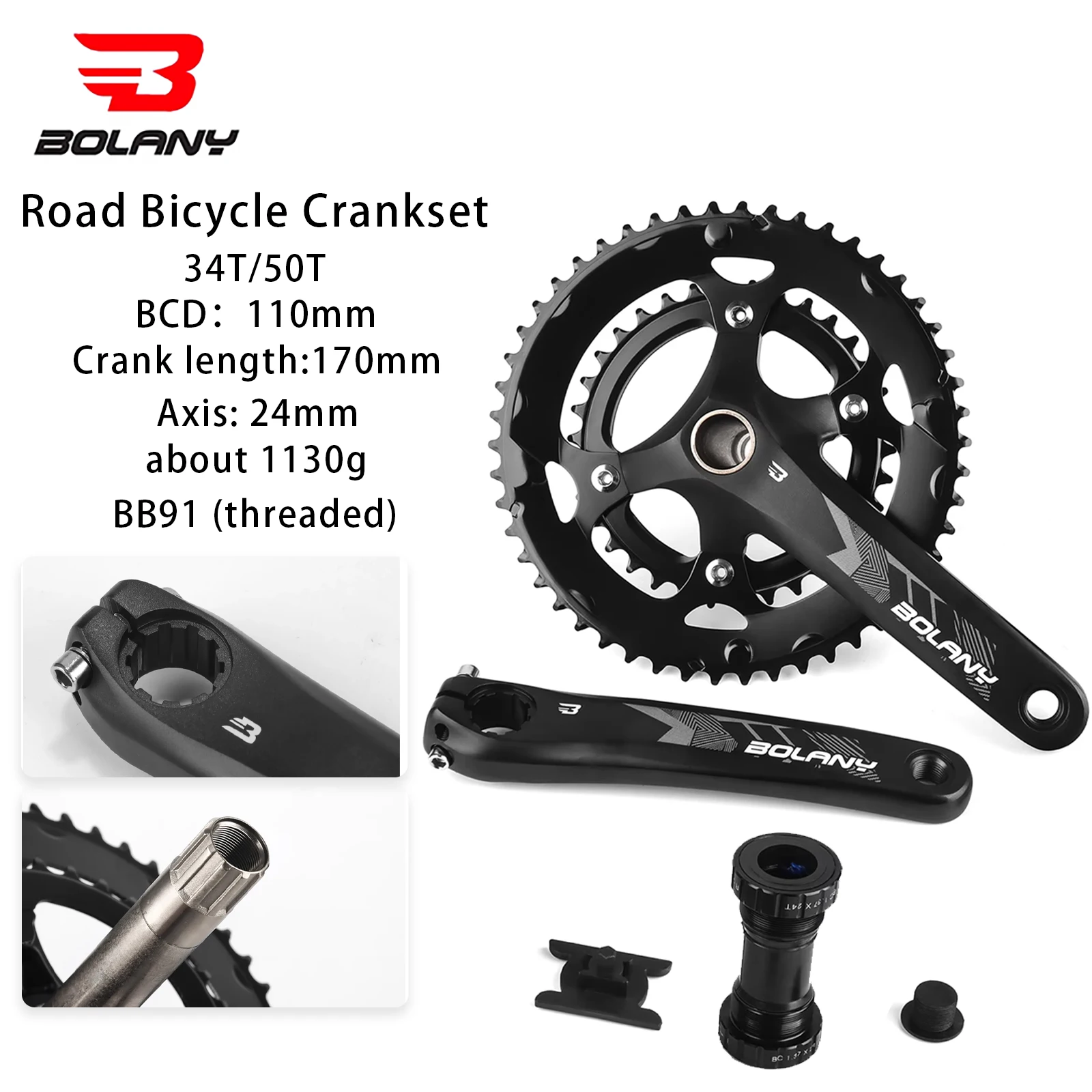 Bolany Road Bicycle Crankset 24mm Hollow Crank 170mm Double Layer One-Piece Crank Chainring 34-50T Round Hole Crankset 110BCD