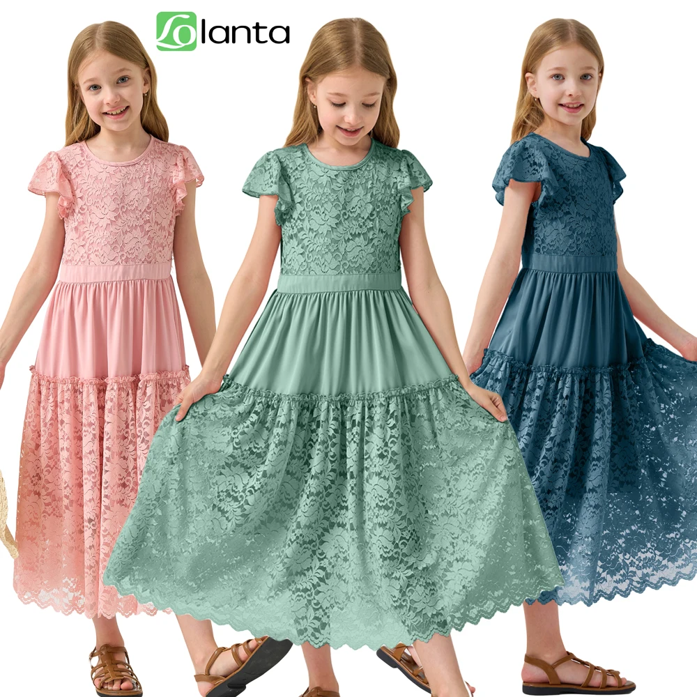 LOlanta Boho Lace Dresses for Girl Ruffle Sleeve Tiered Flower Girl Maxi Dress with Lining for Wedding Party 5-12Years