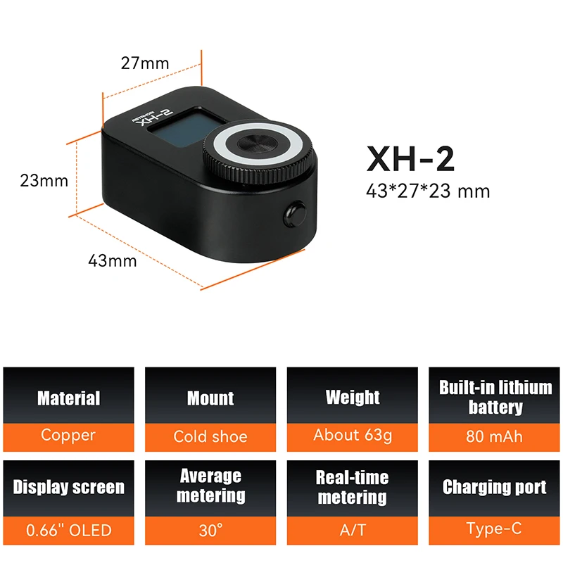 AstrHori XH-2 Camera Light Meter OLED Display Real-time External Hot Cold Shoe Fixing Shutter ISO for Camera Photography