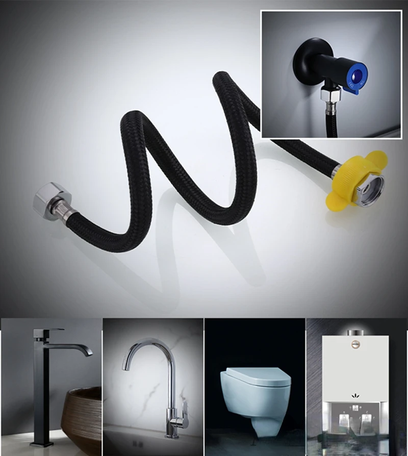 All Black Faucet Water Inlet Hose, Water Heater, Water Pipe, Toilet Connection, Kitchen, Bathroom, Cold, Hot Mixer, 2Pcs