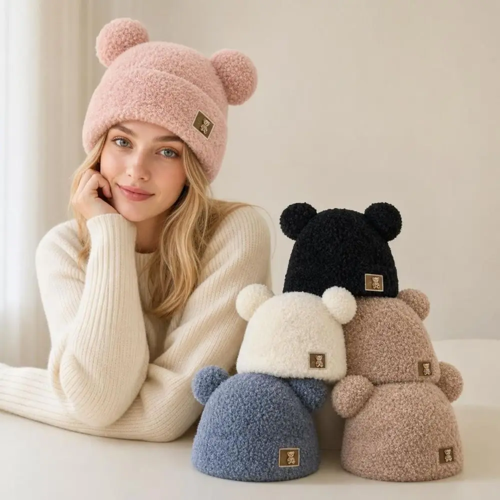 Fashion Cute Bear Ear Beanie Hat Thickened Solid Color Knitted Warm Cap Ear Protection Lamb Fleece Cap For Women