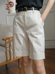 Short taille haute longueur genou pour femme, pantalon droit avec ceinture, short d'été pour femme, blanc, mode de bureau