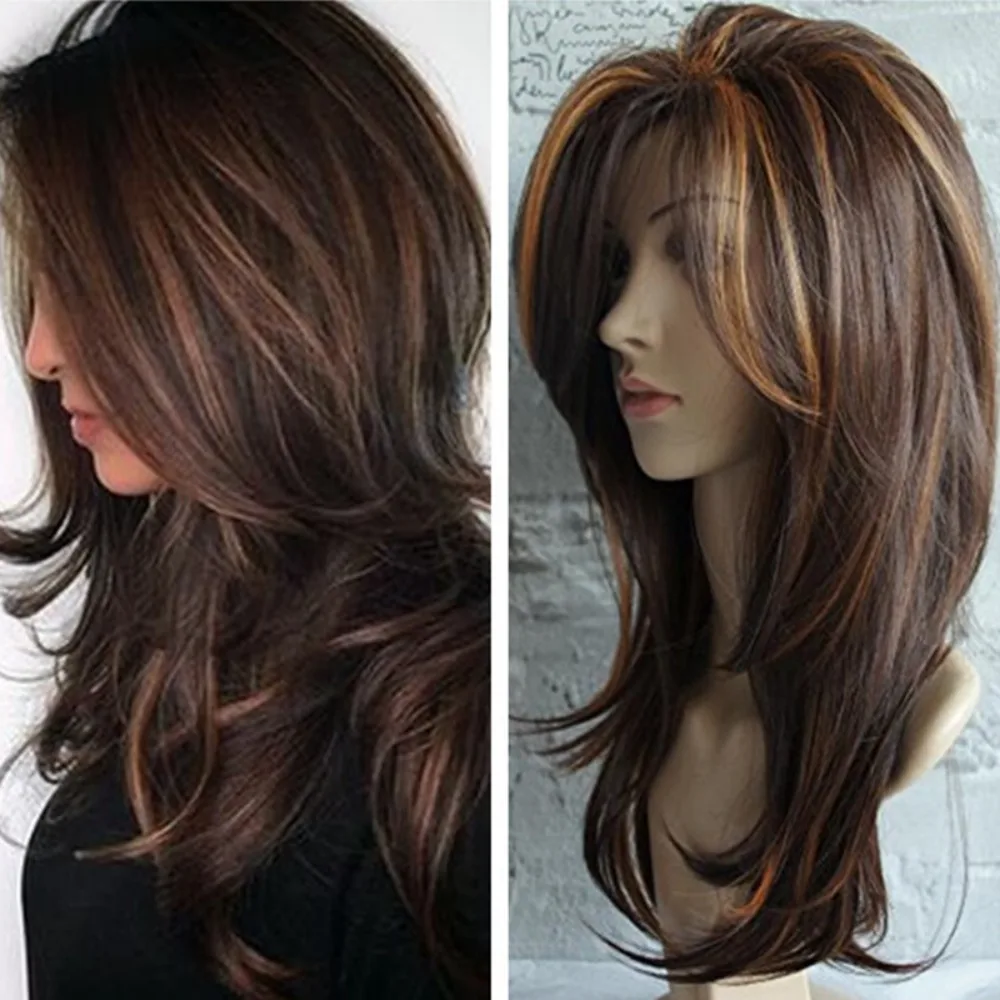 European and American fashion linen mixed brown medium length straight hair long curly hair wig school season Halloween daily