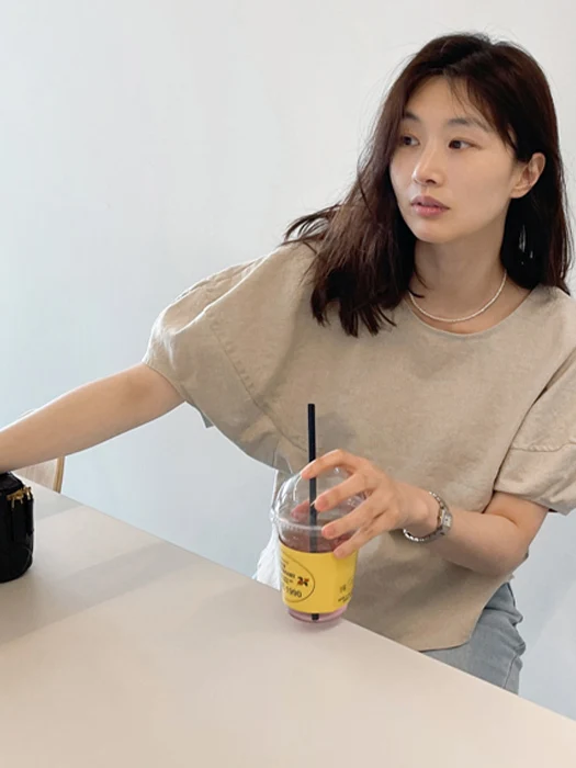 Cseta Fena de Aodão e Linho com Manga Curta Estilo Solto Manga Bufante Gola Redonda Cor Pura Verão Nova Chegada