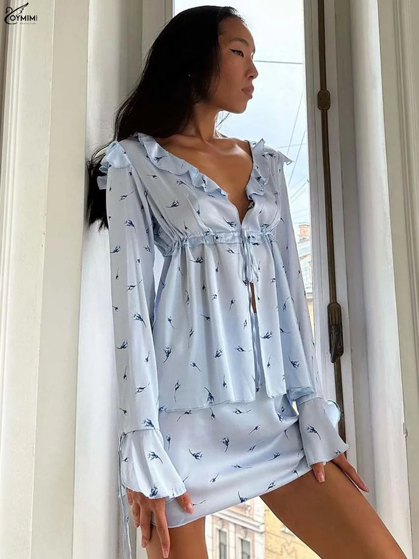 

Oymimi Fashion Blue Print Two Piece Set Woman Elegant Ruffled V-Neck Long Sleeve Lace-Up Shirts And High Waist Mini Skirts Sets