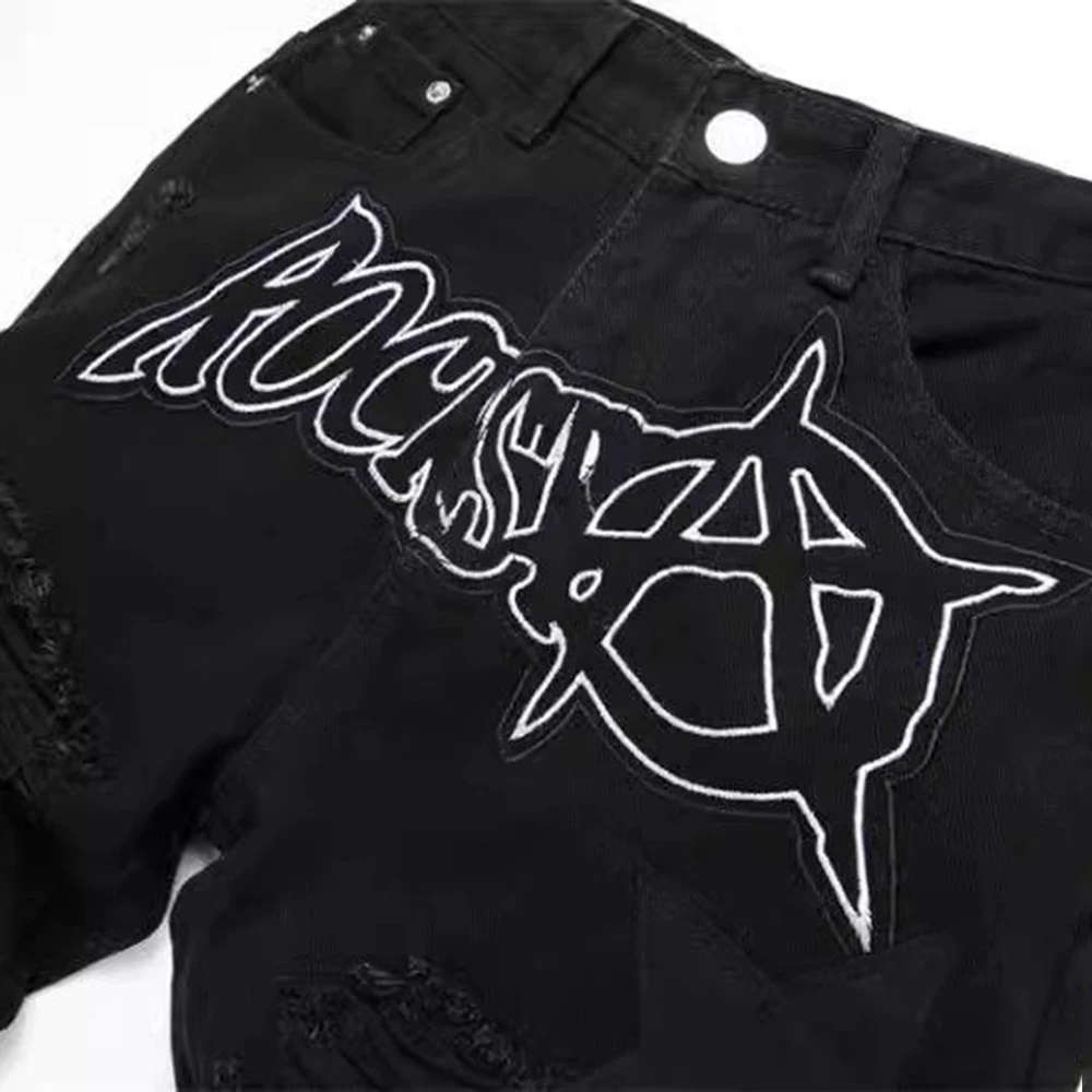 Men Jeans Ripped Letters Five-Pointed Star Patch Pants Streetwear Fashion Punk Style Youth Casual Pants Male Men'S Clothing 2024