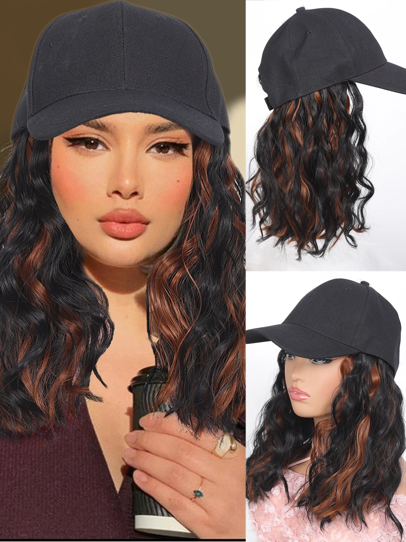 Black Brown Red Blonde Long Synthetic Fluffy Natural Curly Hair Wigs with Hat Baseball Cap Naturally Connect Adjustable Hat Wig