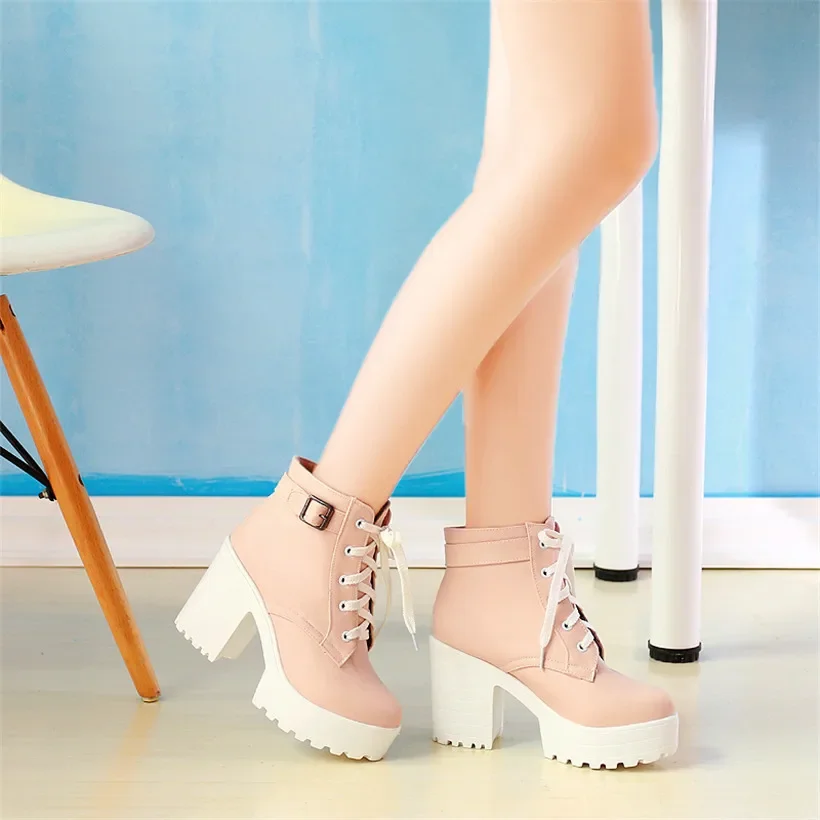 British Buckle Platform Ankle Boots Women High Thick Heels Pink Black White Dress Party Office Lady Fashion Lace Up Short Boots