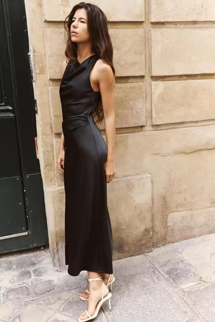 2024년 여름 유행 여성 미디 드 실크 새틴 텍스처 윈디 A라인 스커트 캐주얼 슬레 루즈 웨이스트 노 슬리브