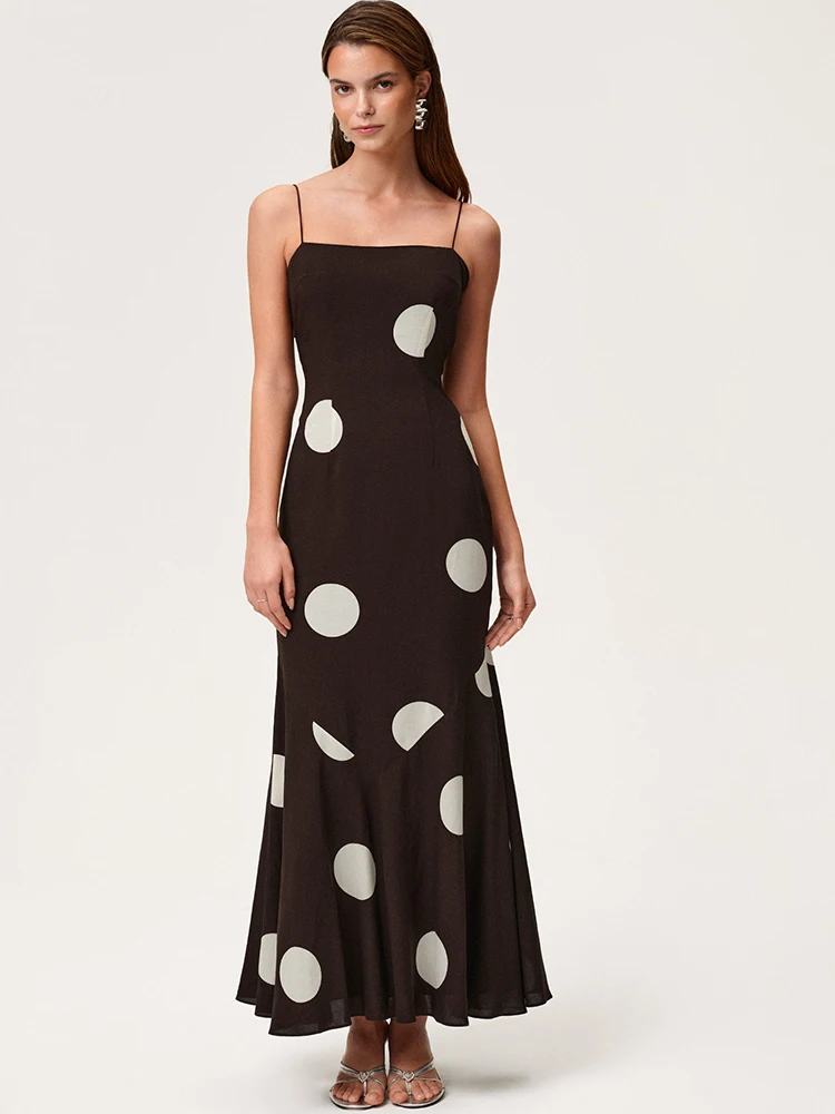 

JULISSA MO Sexy Backless Print Polka Dots Women Maxi Dress Coffee Spaghetti Strap High Waist Autumn Slim Elegant Party Clubwear