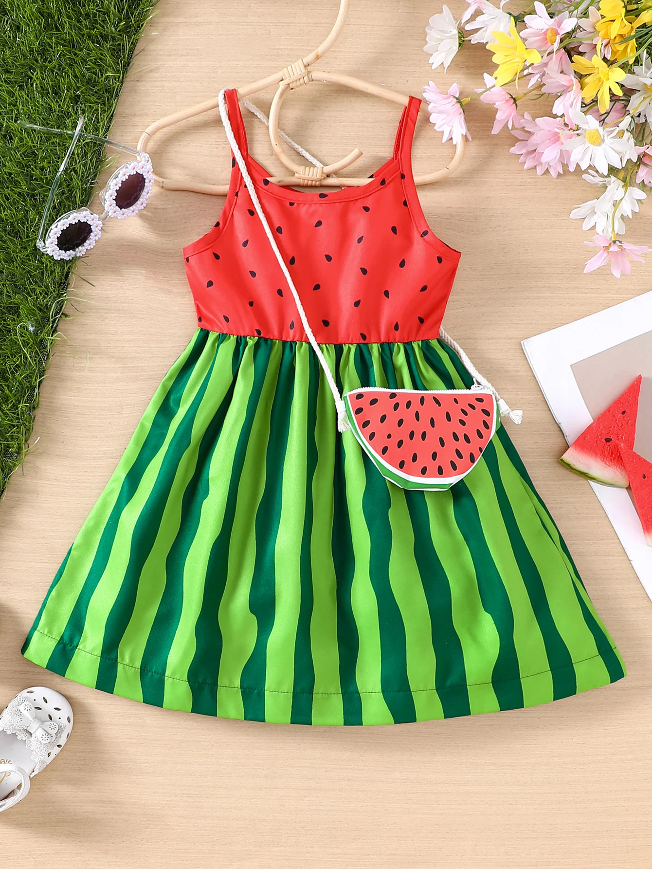 Girls' new summer casual vacation style trend watermelon style printed dress + with watermelon satchel