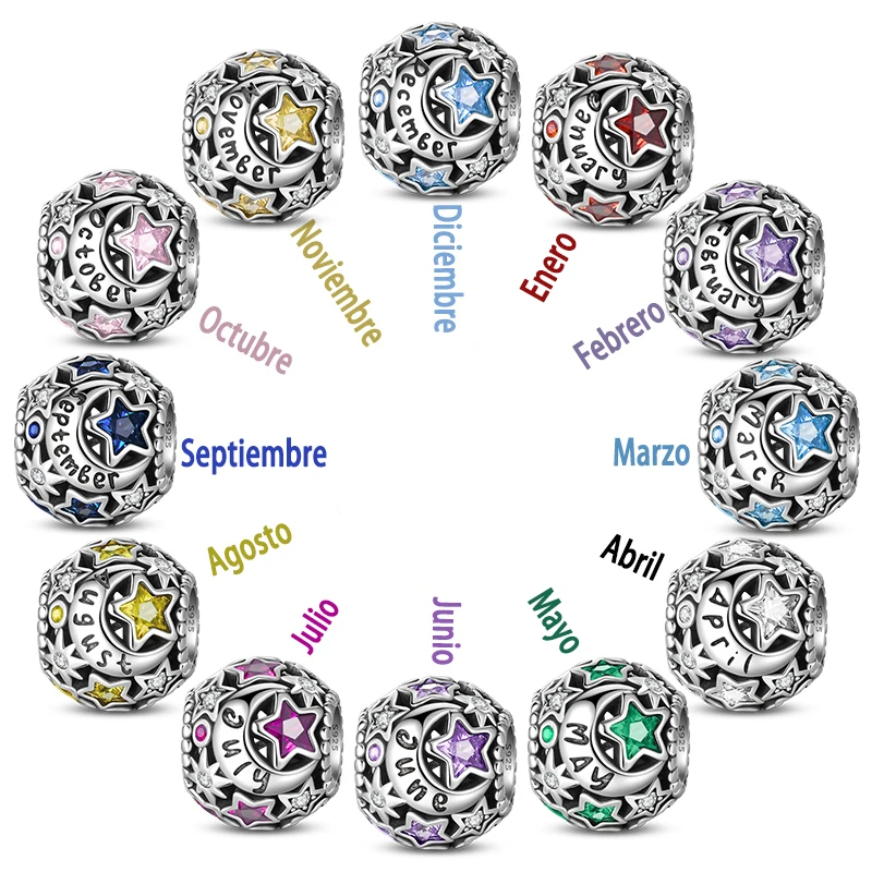 Genuine 925 Sterling Silver 12 Month Round Star Zircon Charms Bead Fit 925 Original Bracelets Fine DIY Birthday Gift Jewelry