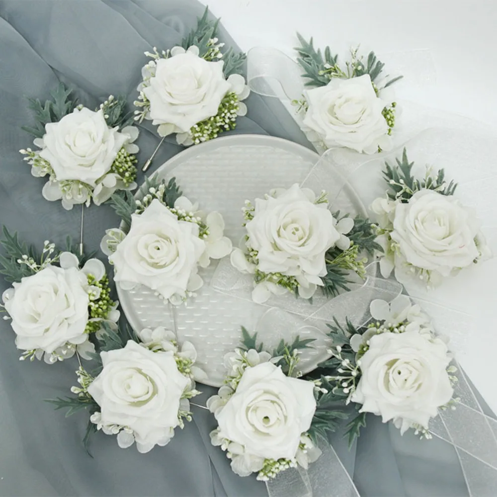 

White Artificial Flowers Mini Men Groom Boutonniere Bridal Wrist Corsage Marrige Accessories