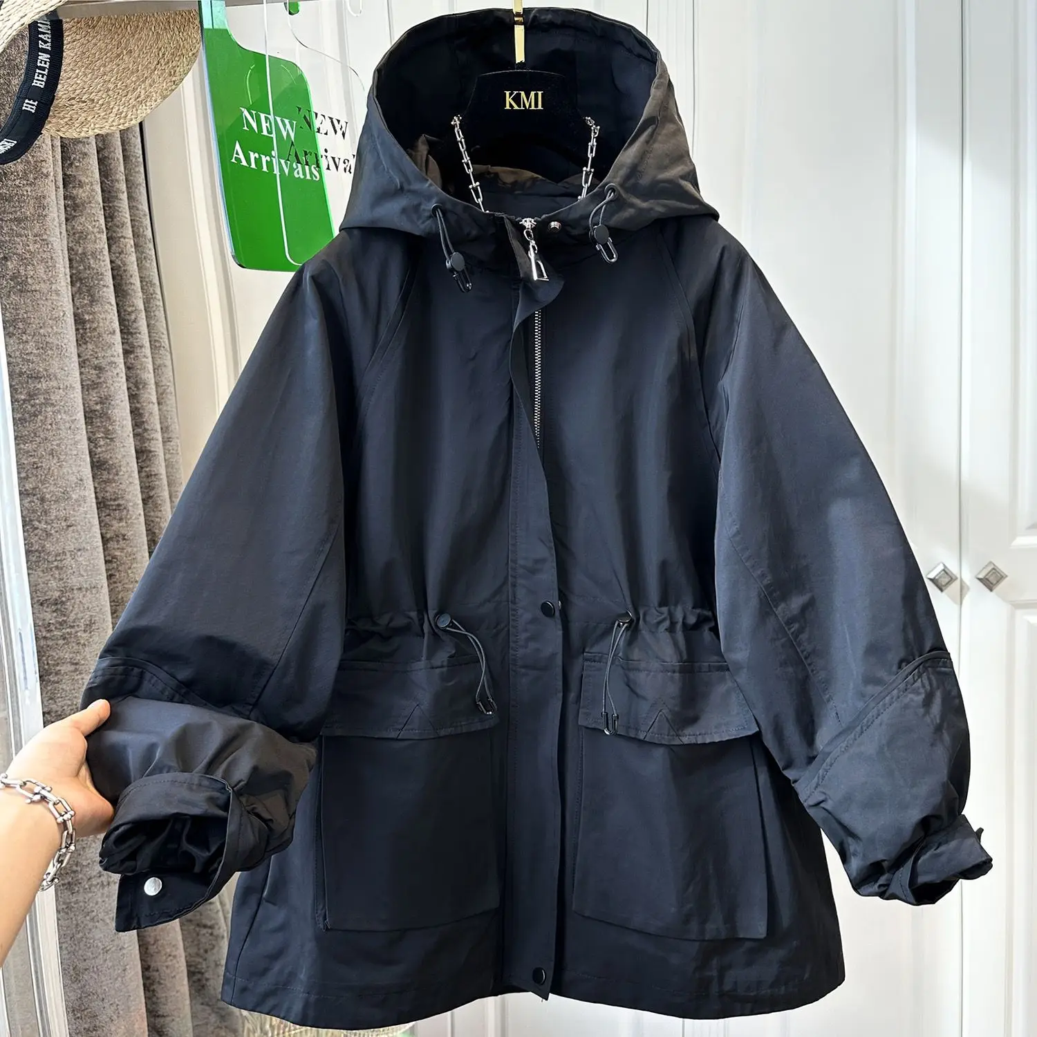 

Повседневная спортивная рабочая одежда на молнии с капюшоном, ветровка, женская свободная куртка средней длины, весна 202, новинка весны и осени