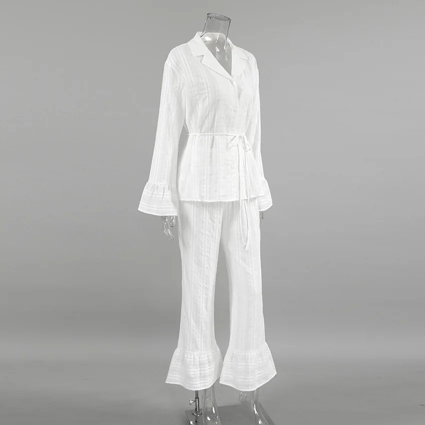 Damen-Pyjama-Set aus 100% Baumwolle in Weiß, Revers-Kragen mit Gürtel, Langarm, Rüschensaum, Jacquard-Schlafanzug, Loungewear S-L – Detail 6