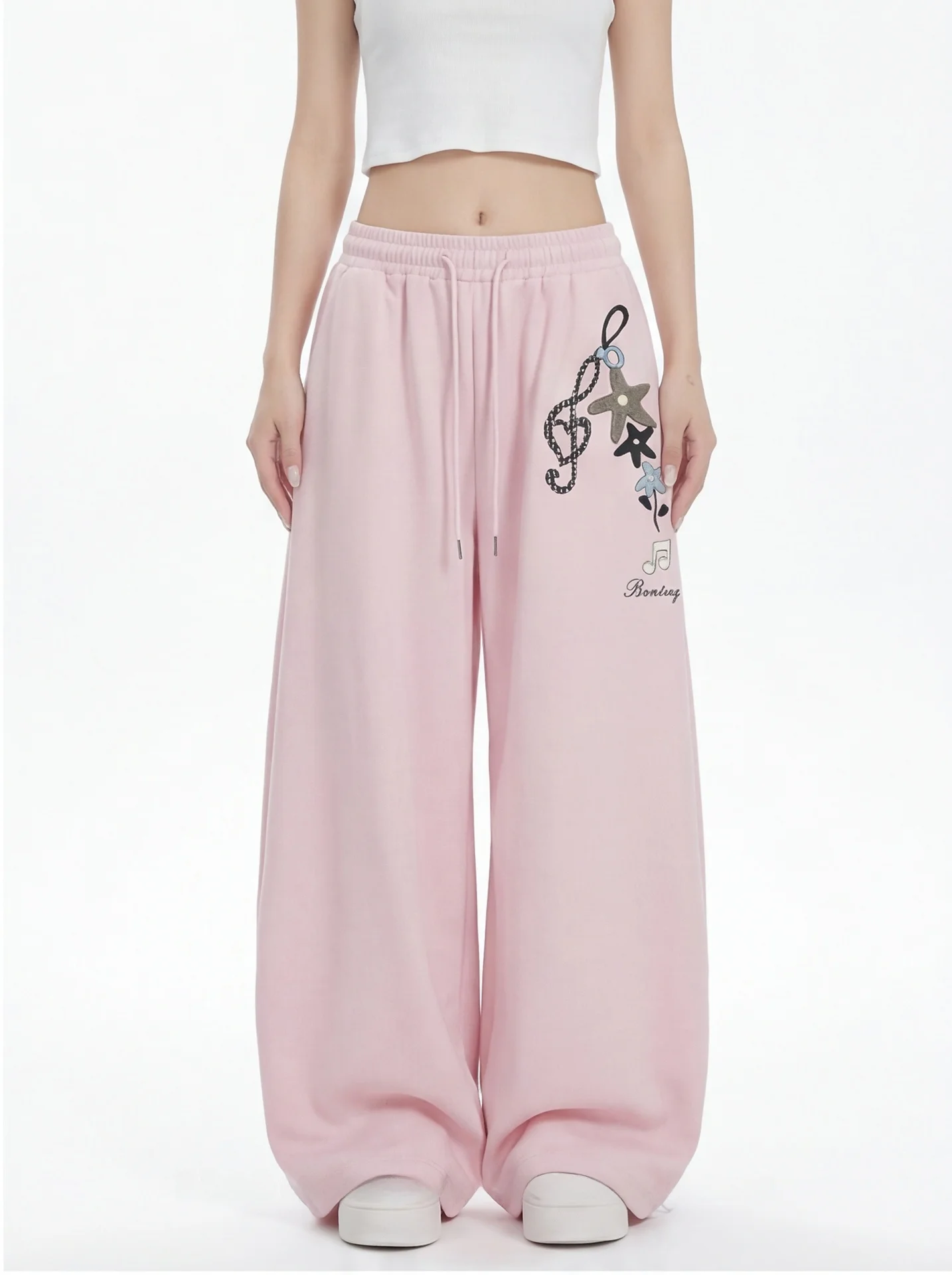 American Retro Star Embroidery Wide Leg Pants Elastic Waist Straight Casual Cotton Sports Trousers for Women Girls Students