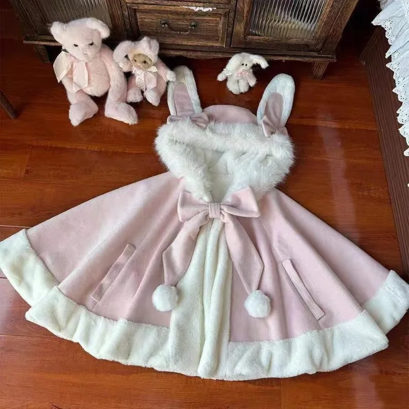 Japanese Sweet Rabbit Ear Faux Fur Cloak Cape Women Y2k Aesthetic Loose Lolita Coat Winter Elegant Cute Fashion Cardigan New