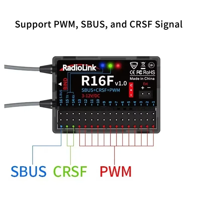 

Radiolink R16F RC Receiver 16 Channel 2.4G Gyro Car Voltage Transmission Telemetry 600m Long Range RX for RC Car Boat Plane