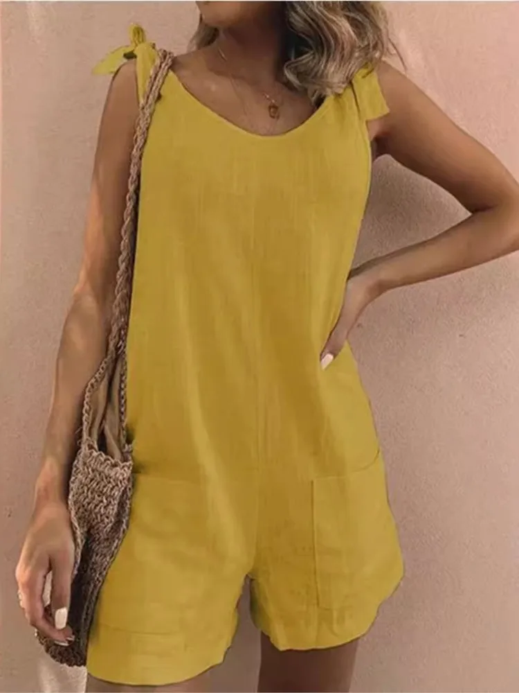 Summer Solid Cotton Linen Playsuits Casual Loose Women Jumpsuits 2024 Fashion Lace -up O Neck Sleeveless Pocket Romper Female