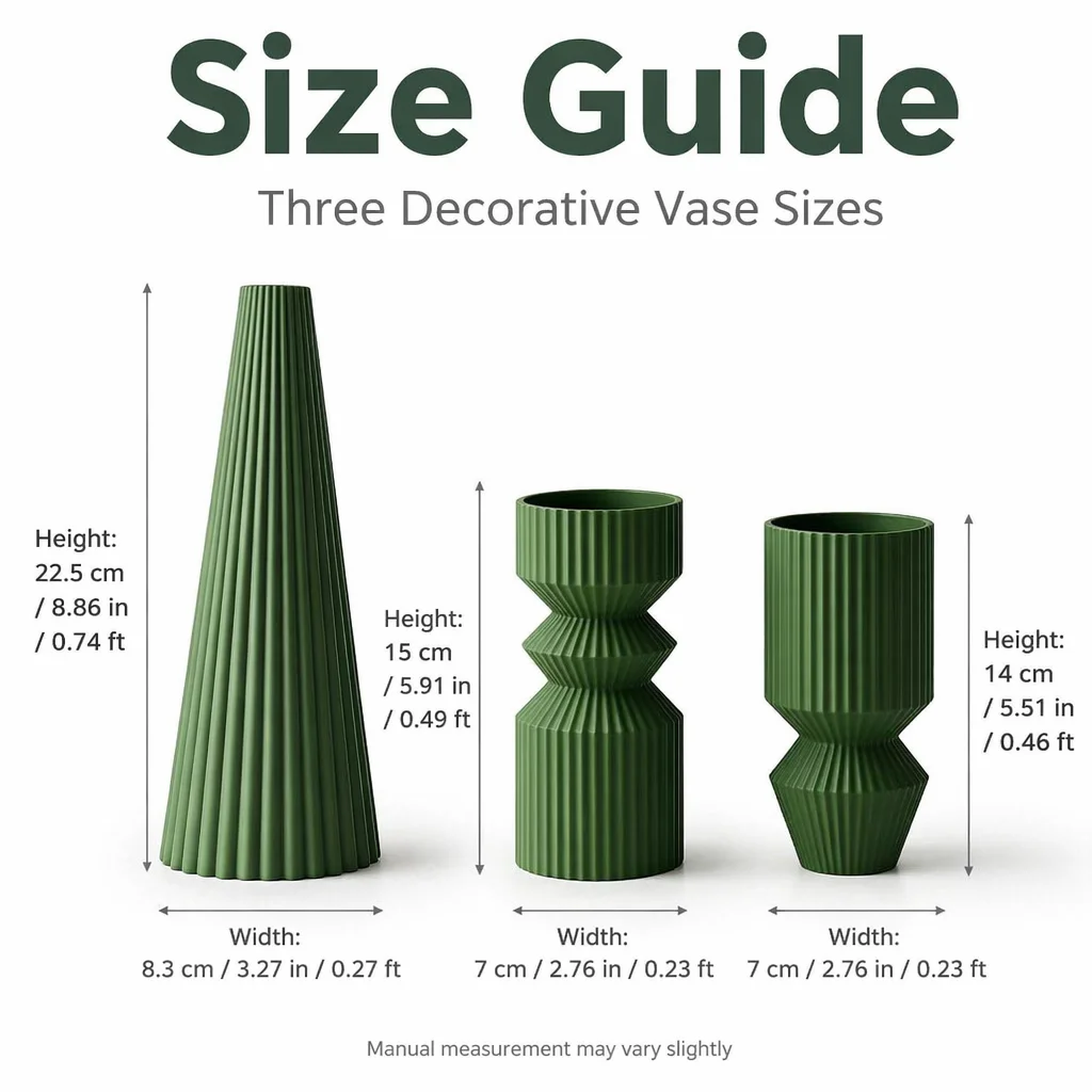 3Pcs Vertical Fluted Green Vase Set PLA 3D Printed Matte Forest Green Vase Modern Nordic Minimalist Decor For Tabletop Entryway
