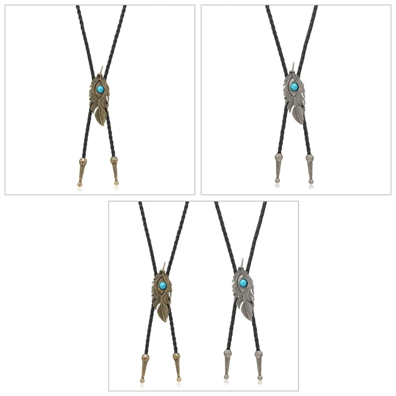 Men Bolo Tie Blue Stone Feathers Cowboy Hat Western Necklace Costume Accessories Dropship