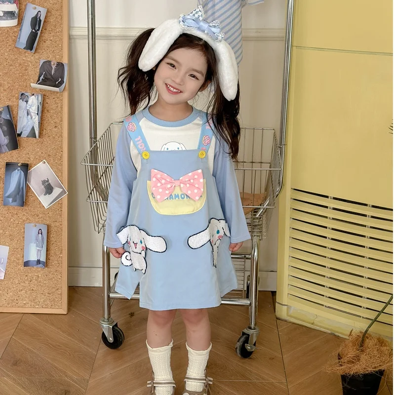 Sanrios Girls Summer Anime Kawaii New Bow My Melody Cinnamoroll Kuromi Cartoon Embroidered Contrast Macaron Backband Dress Gift