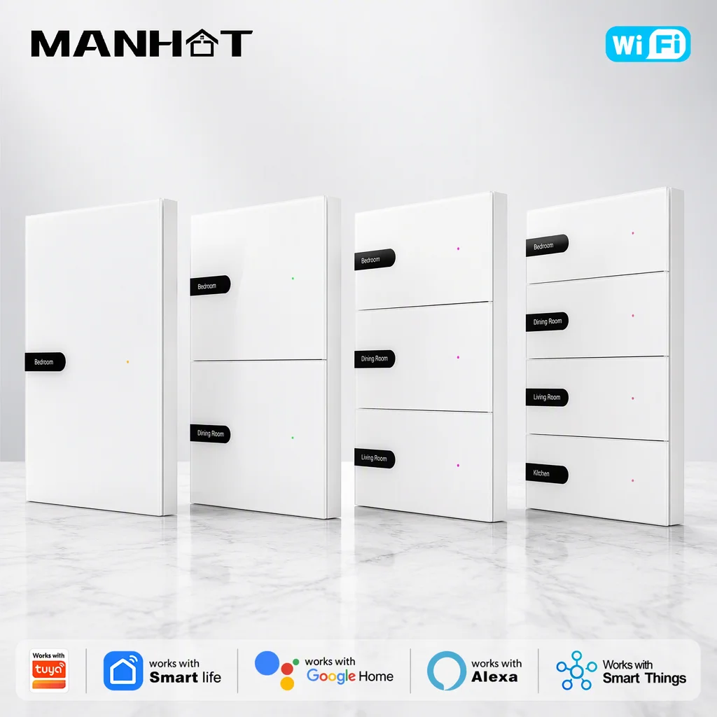 MANHOT Wifi Smart DIY Name Switch US Push Button Display Screen Wall Light Switch Neutral Wire APP Control Work with Tuya Alexa