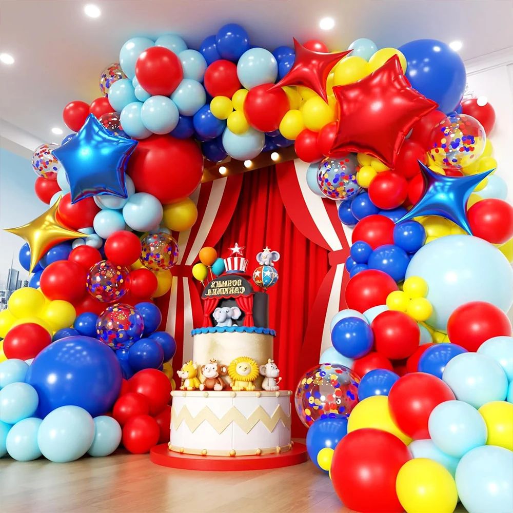 Kit de Guirnalda de Globos Rojos, Azules y Amarillos de 165 Piezas, Decoración para Fiestas de Carnaval, Circo, Cumpleaños, Baby Shower, Graduación