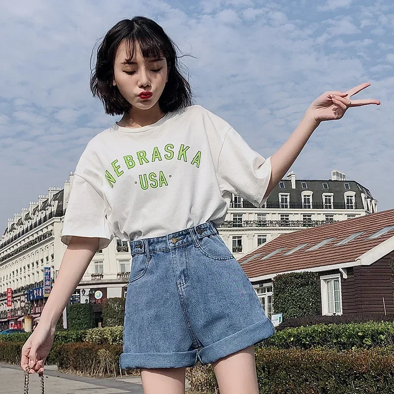 New Summer Women High Waist Button Wigh Leg Jeans Shorts Casual Female Loose Fit Blue Denim Shorts