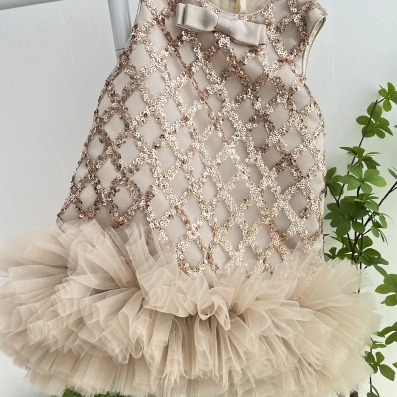 Baby Girl Princess Bow Tulle Dress Sleeveless Infant Toddler Girl Vintage Sequins Vestido Party Pageant Birthday Frocks 1-10Y