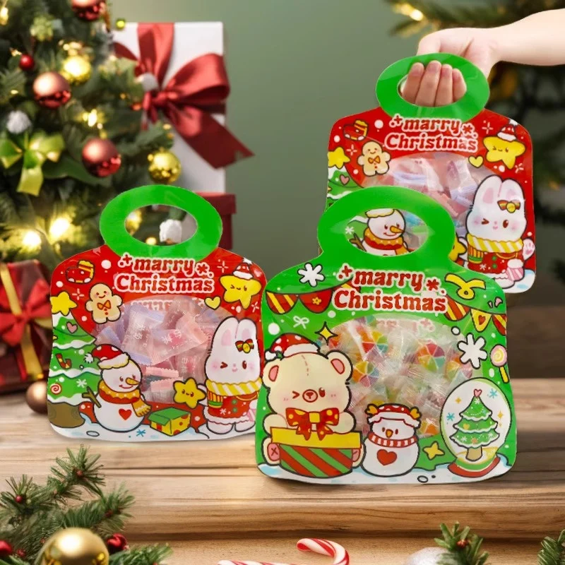 StoBag 10pcs Merry Christmas Candy Snack Packaging Ziplock Bags Tote Handle Cute Small Kids Cartoon Plastic Sealed Food Storage