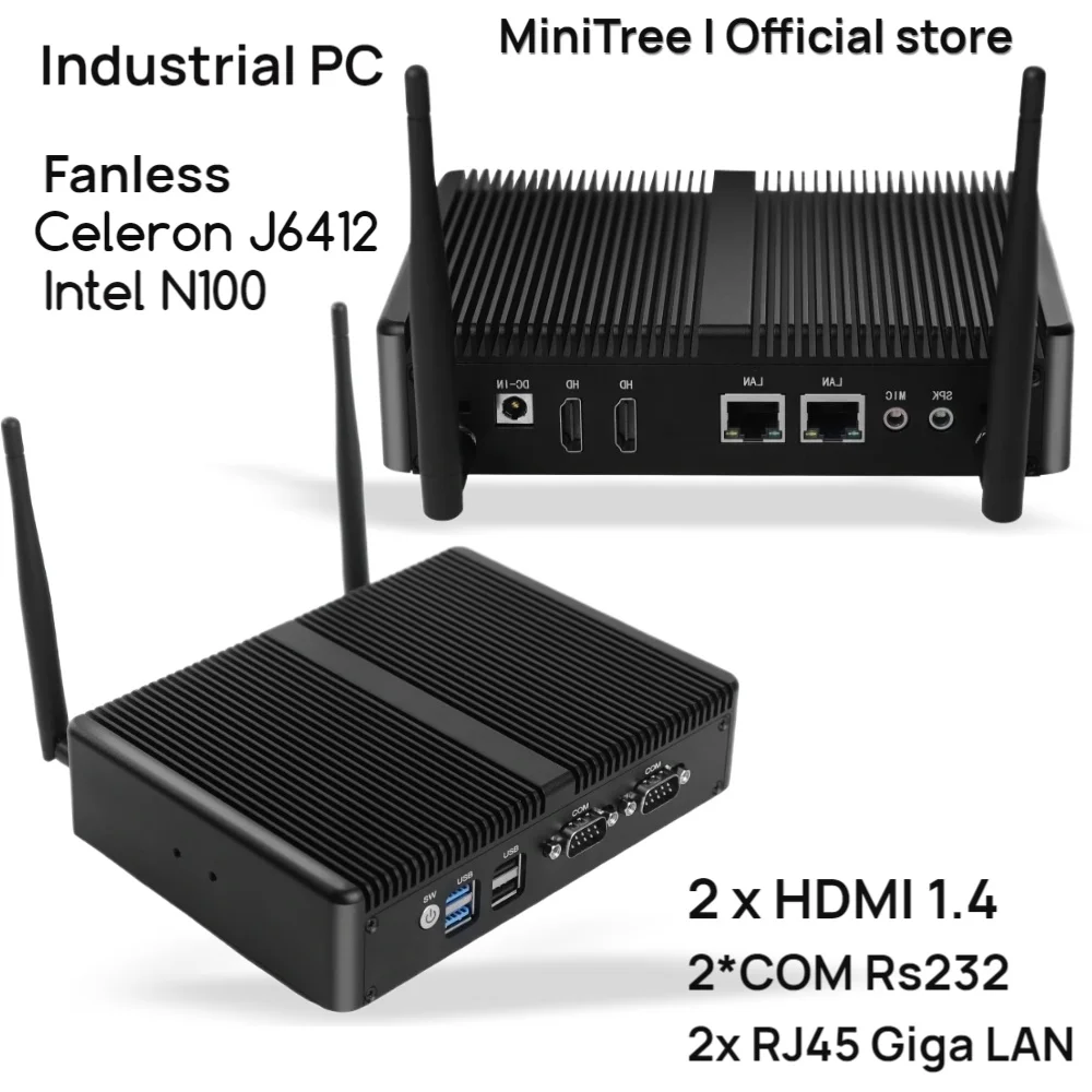 Intel N100 Industrial Mini Computer 2xRS232 COM Dual HD Network Windows Celeron J6412 Fanless Mini PC Home Office Commercial Use