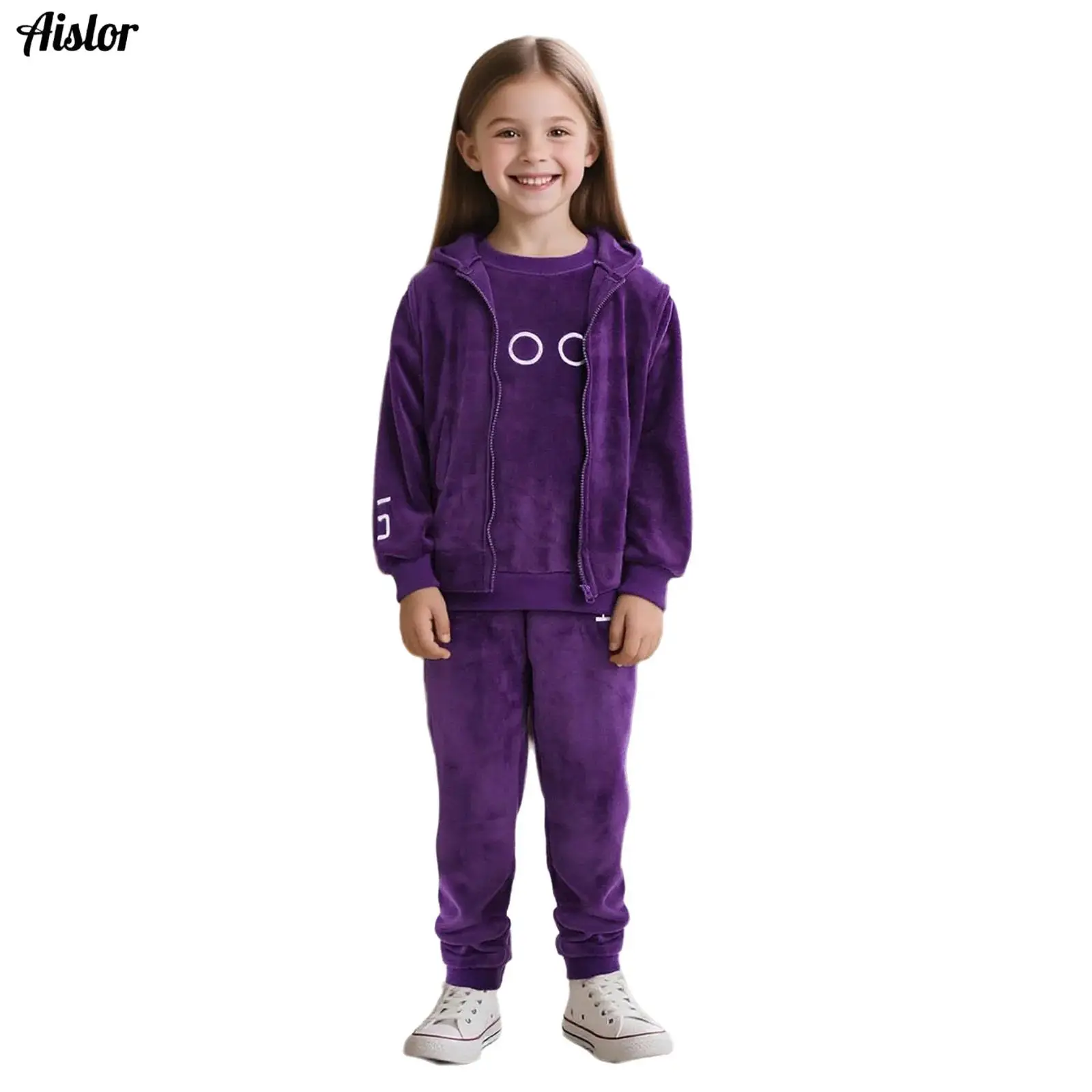 

Kids Girls 3-Piece Embroidery Velvet Outfit Long Sleeve Sweatshirt+Sleeveless Zipper Hooded Vest+Elastic Waistband Sweatpants