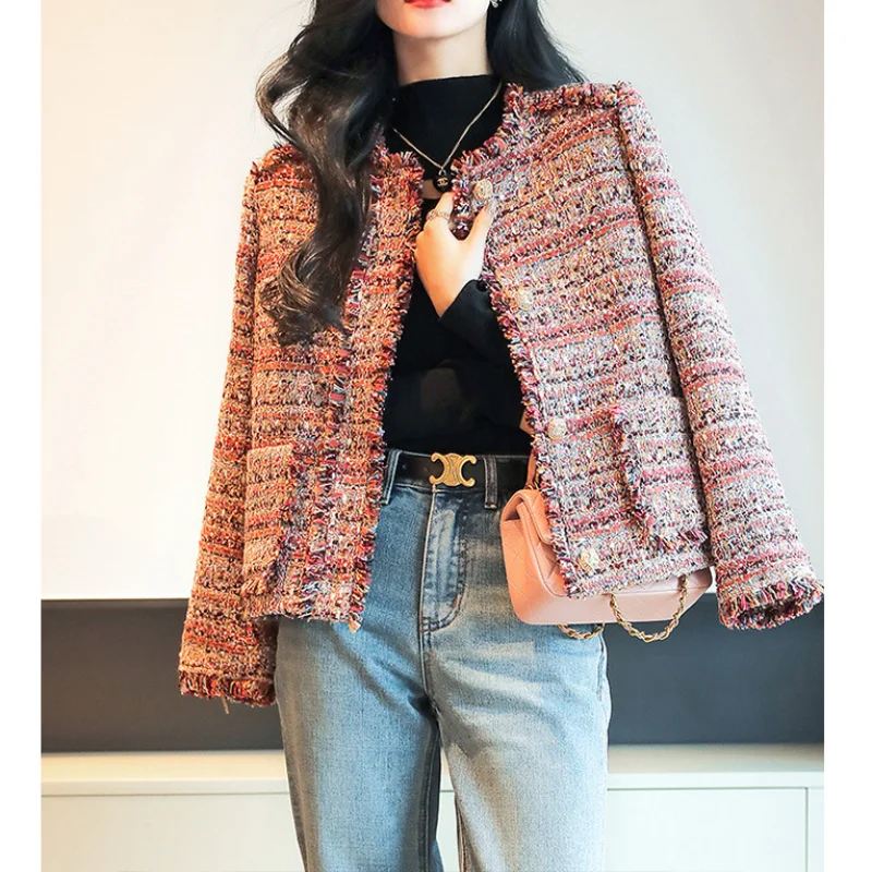 Jaqueta curta de tweed xadrez pequena para mulheres, gola em O, manga comprida, casual, solta, rosa, chique francês, senhora do escritório, francês