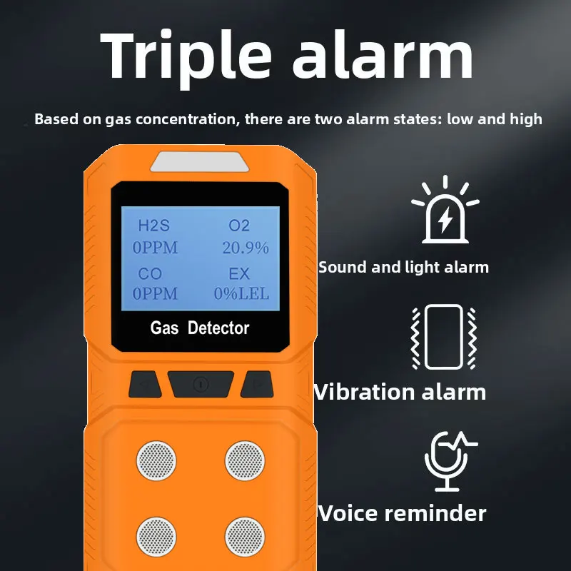 Portable four-in-one gas detector for detecting oxygen, carbon monoxide and hydrogen sulfide, as well as combustible gases and t