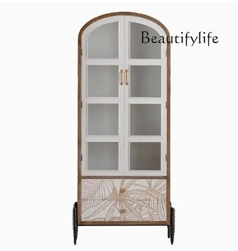 

American wine cabinet display household solid wood carving retro storage living room bookcase glass display cabinet
