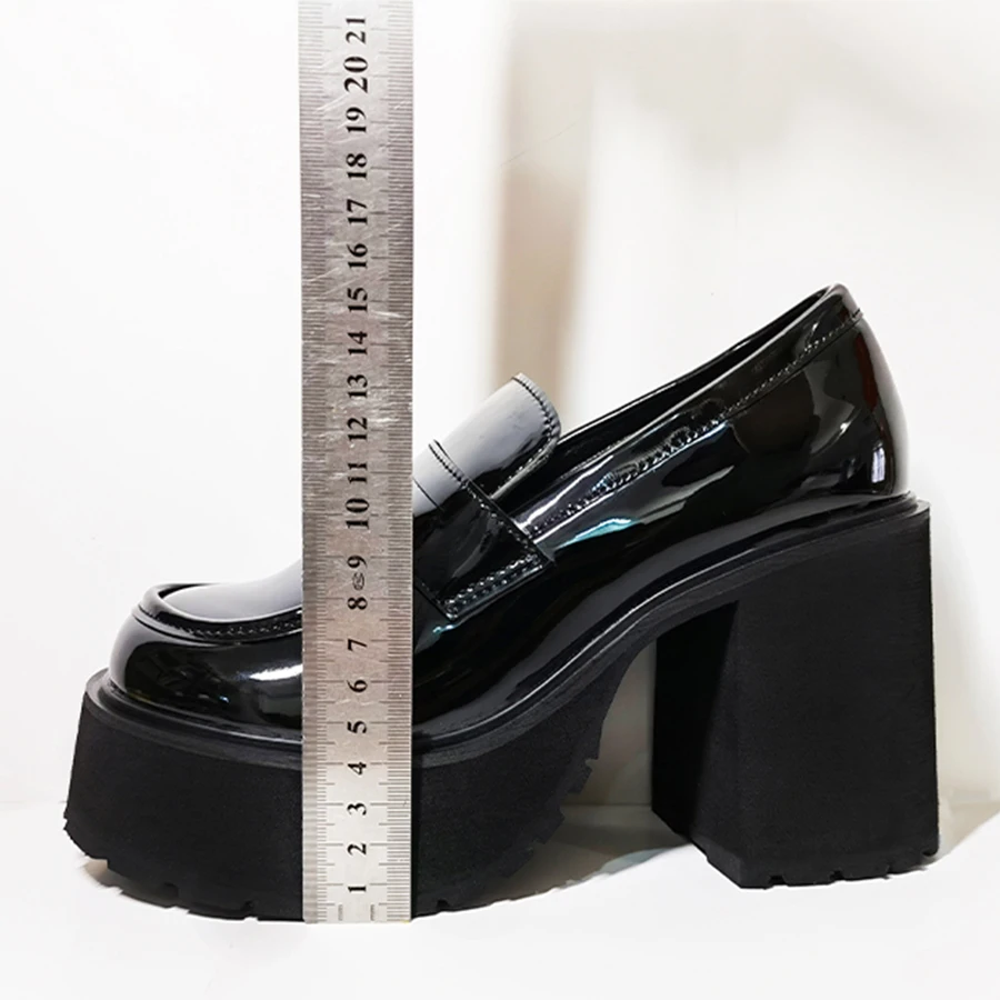 Slip-On Classic Female Loafers Shoes New Thick Heels Black Patent Leather Pumps Retro Girls Platform High-Heeled Shoes for Women