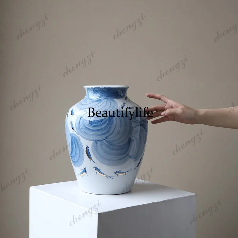 Ceramic vase blue and white porcelain new Chinese flower arrangement ornament living room water-raised peony pottery