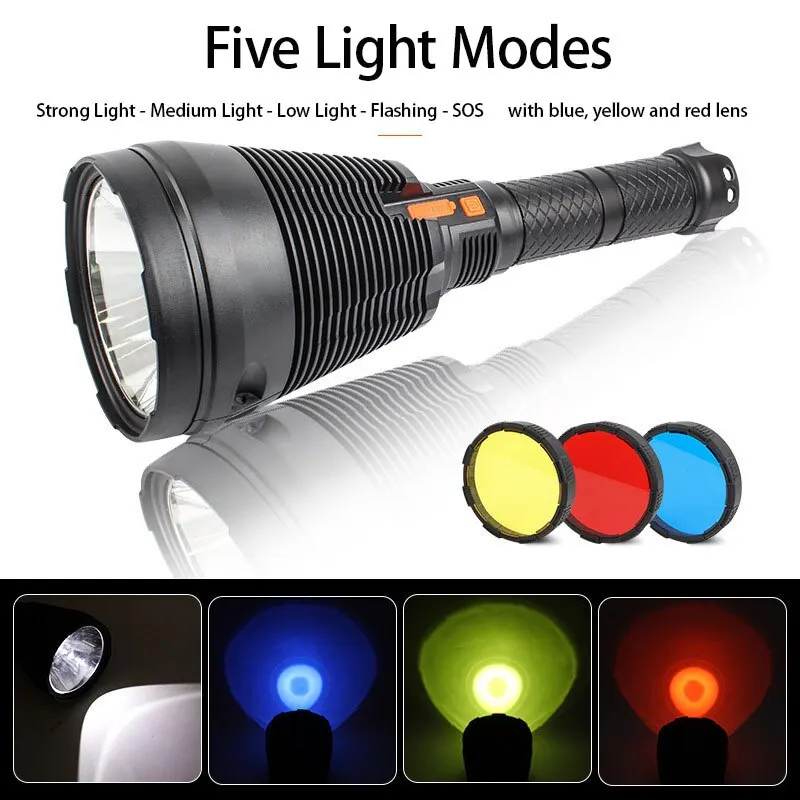 P50 LED Flashlight Replaceable Yellow Blue Red Lenses USB Rechargeable Torch Outdoor Portable Super Bright Long-range Searchligh