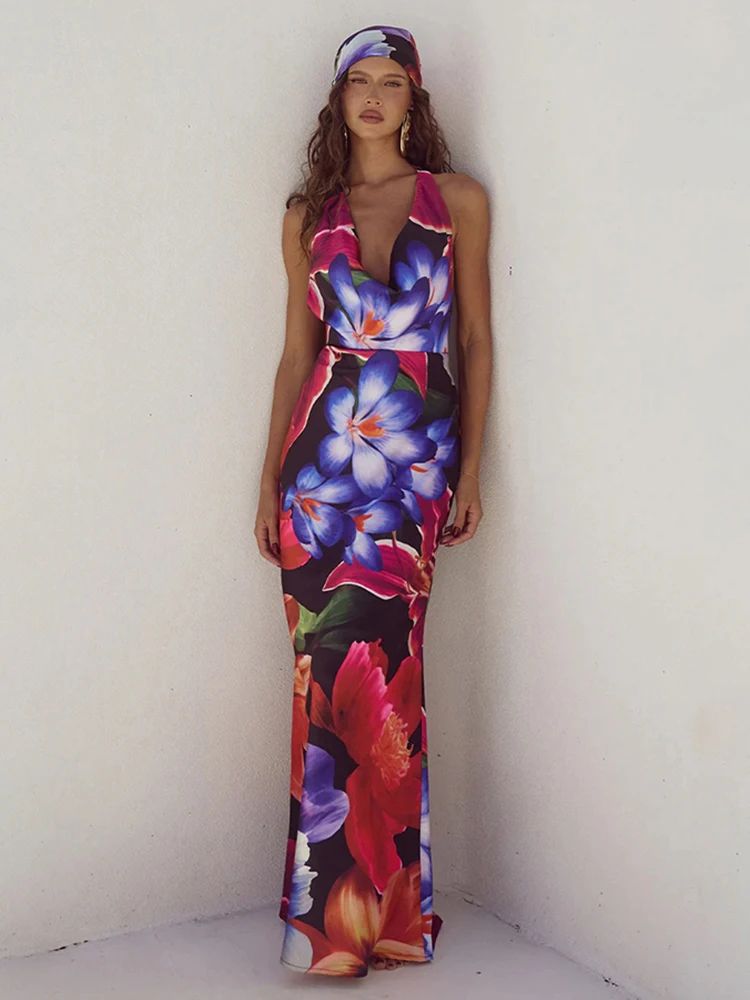 

Insglas Backless Sexy Colorful Flower Print Dress Women Lace-Up Halter Swing Collar Summer Vacation Fashion Camping Long Bodycon